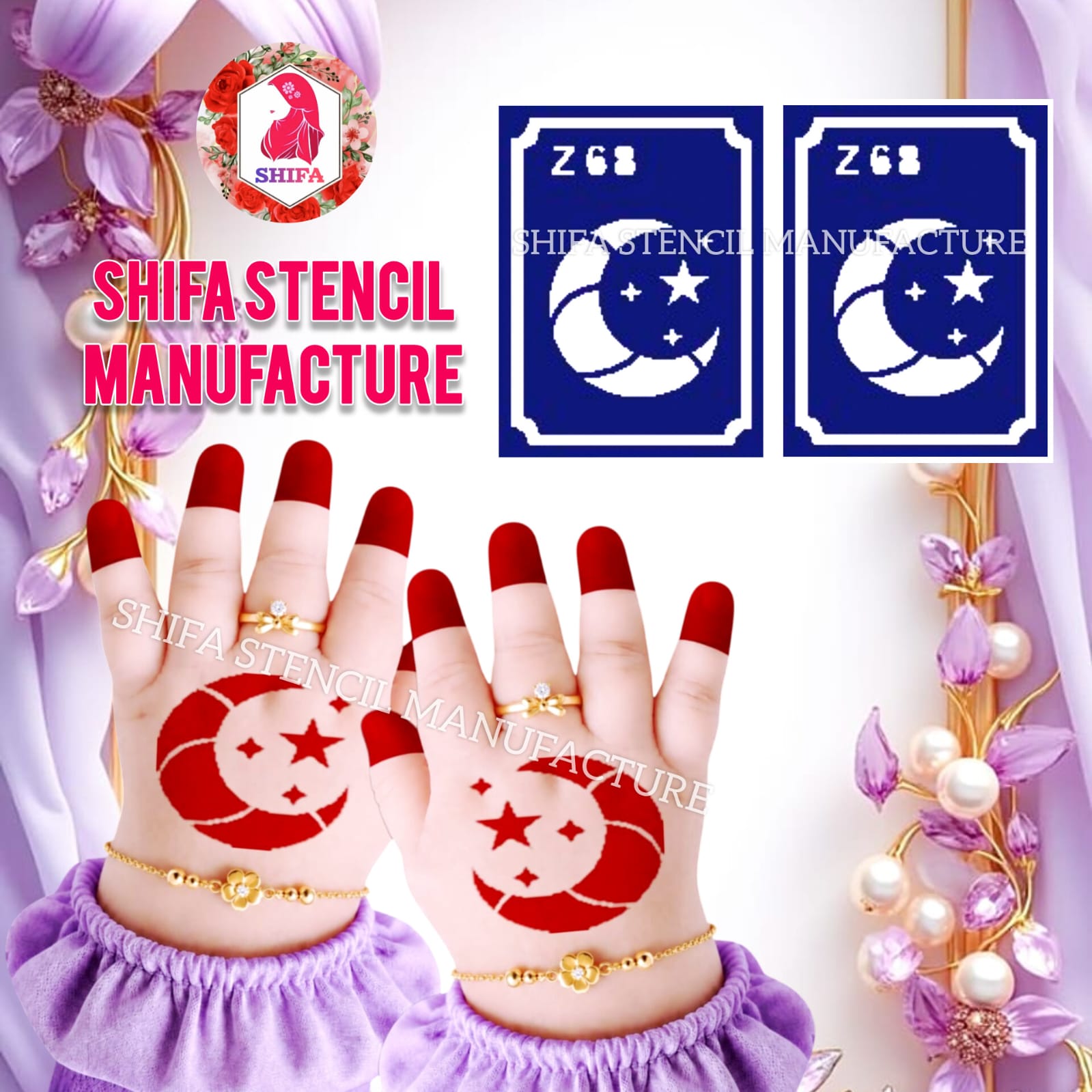 Z 68 Gilded Horizon Crescent Sticker Overview Henna Stencil - Shifa Stencil
